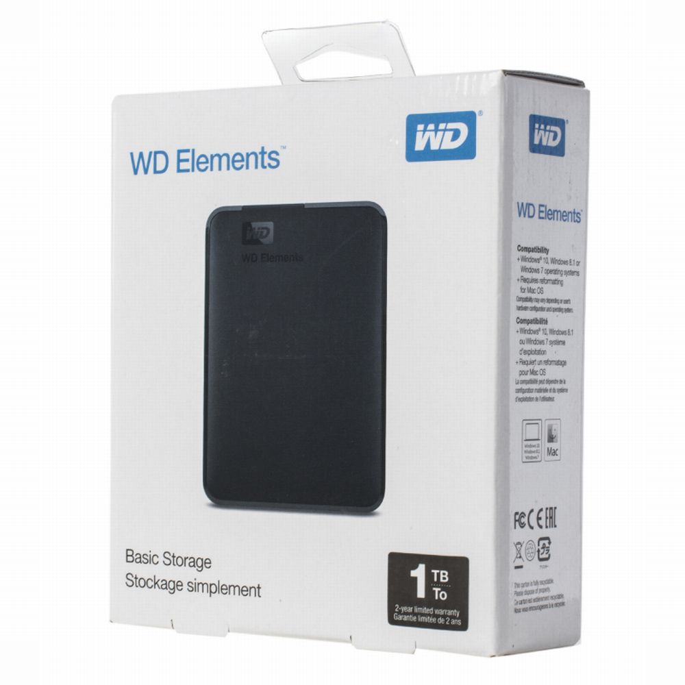 Внешний диск WD Elements, USB 3.0, 1000 Гб, черный