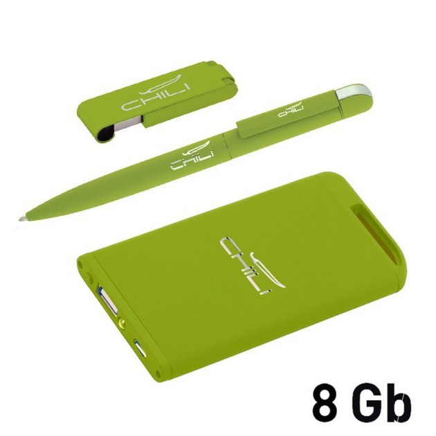 Набор ручка + флеш-карта 8Гб + зарядное устройсто 4000 mAh в футляре, прорезиненный зеленое яблоко