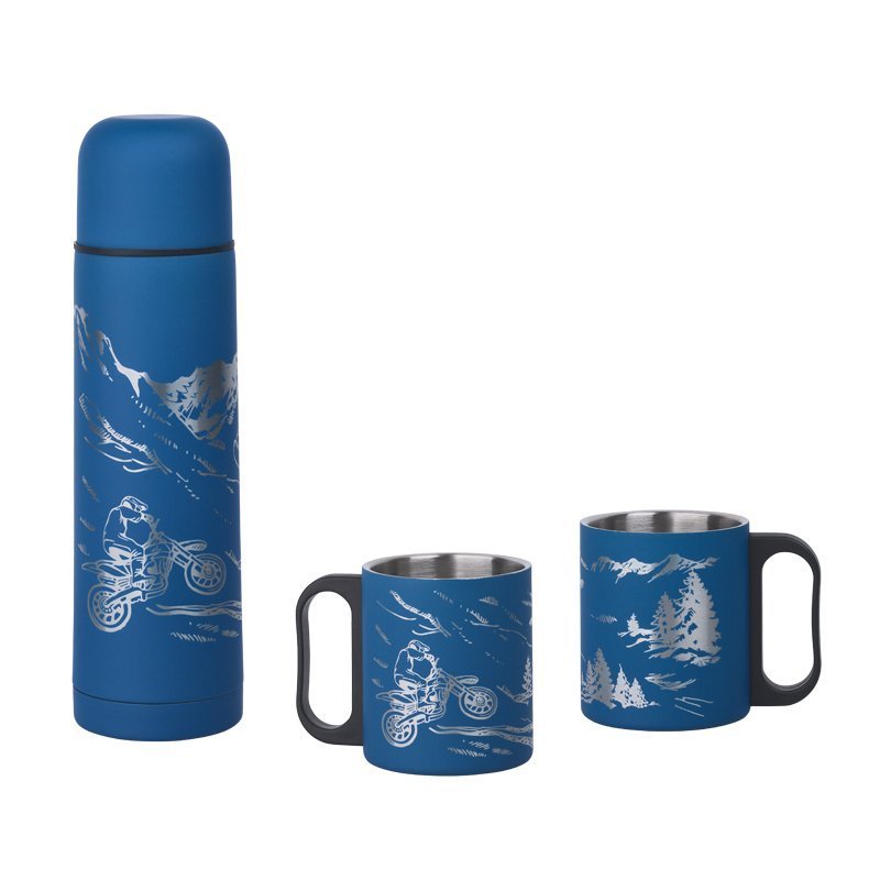 Набор (термос, 2 кружки) с прорезиненным покрытием, синий